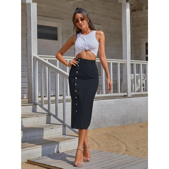 Button Front Longline Denim midi Skirt - Picture 5 of 12